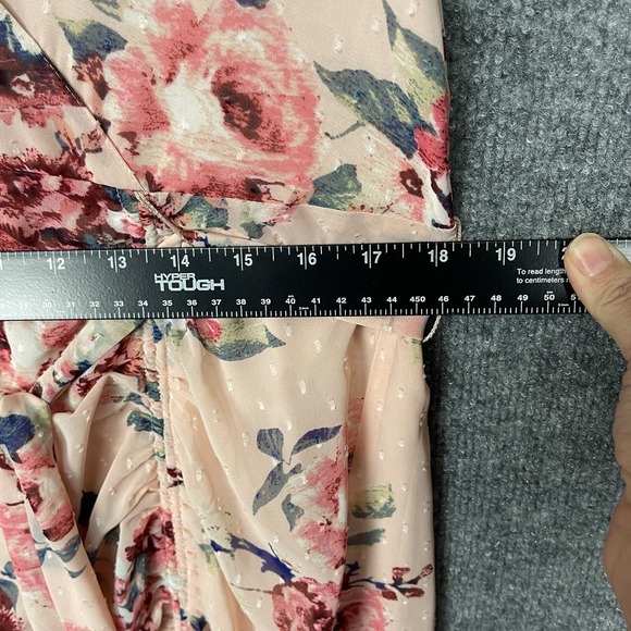 Eliza J Dress Women 18 Fits 14/16 Pink Floral Ruched Chiffon Faux Wrap Swiss Dot - Picture 8 of 15